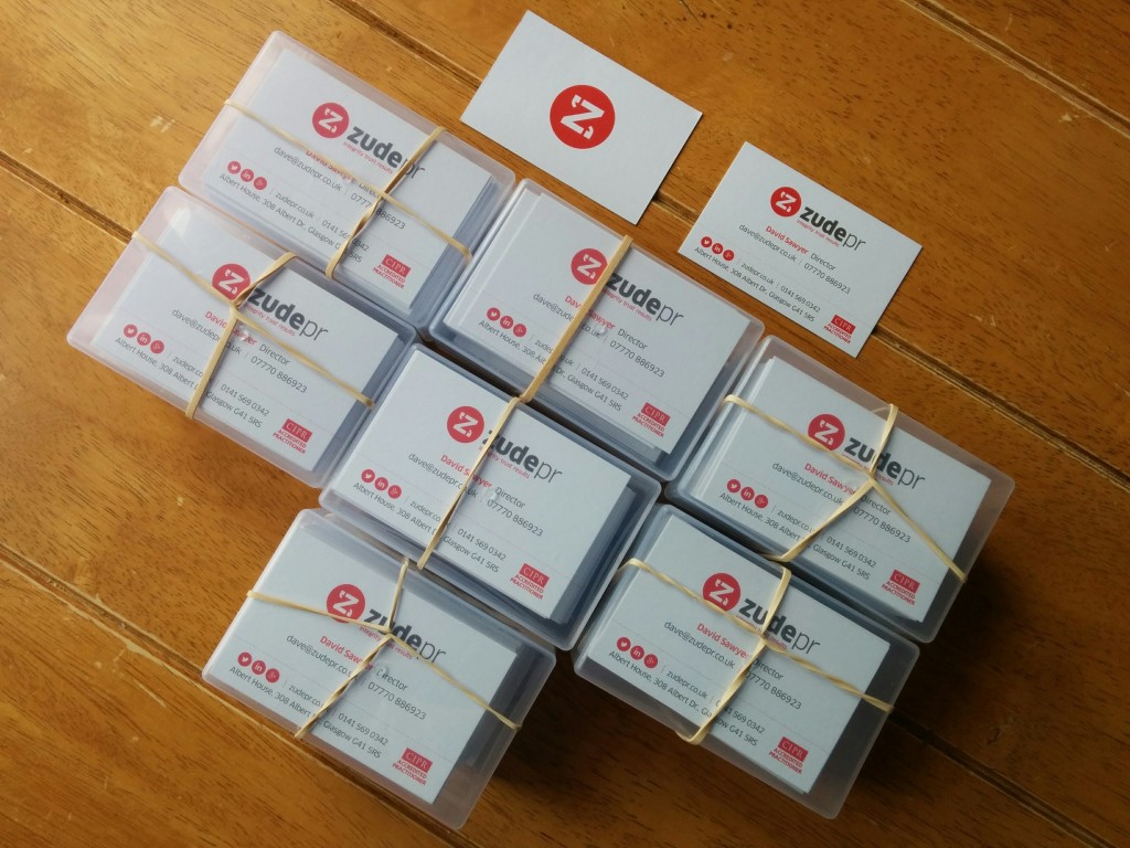 Batch of business cards for startup Glasgow PR company Zude PR.