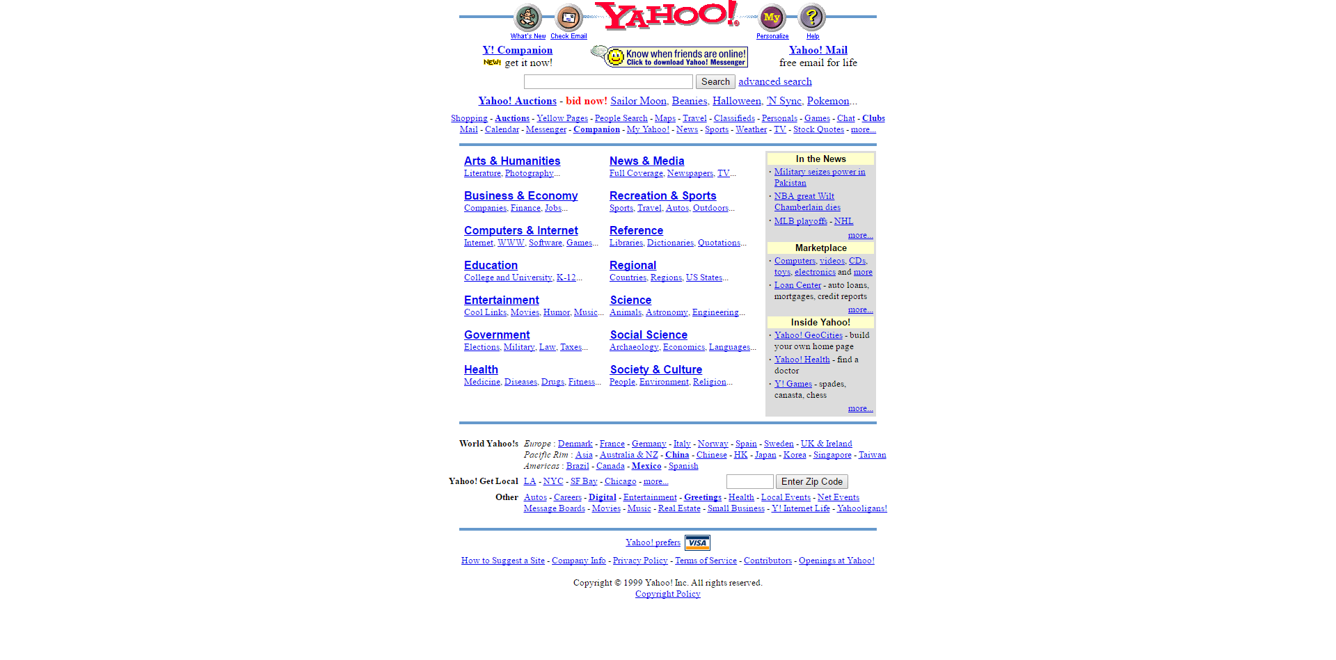 october 12 1999 wayback Yahoo homepage